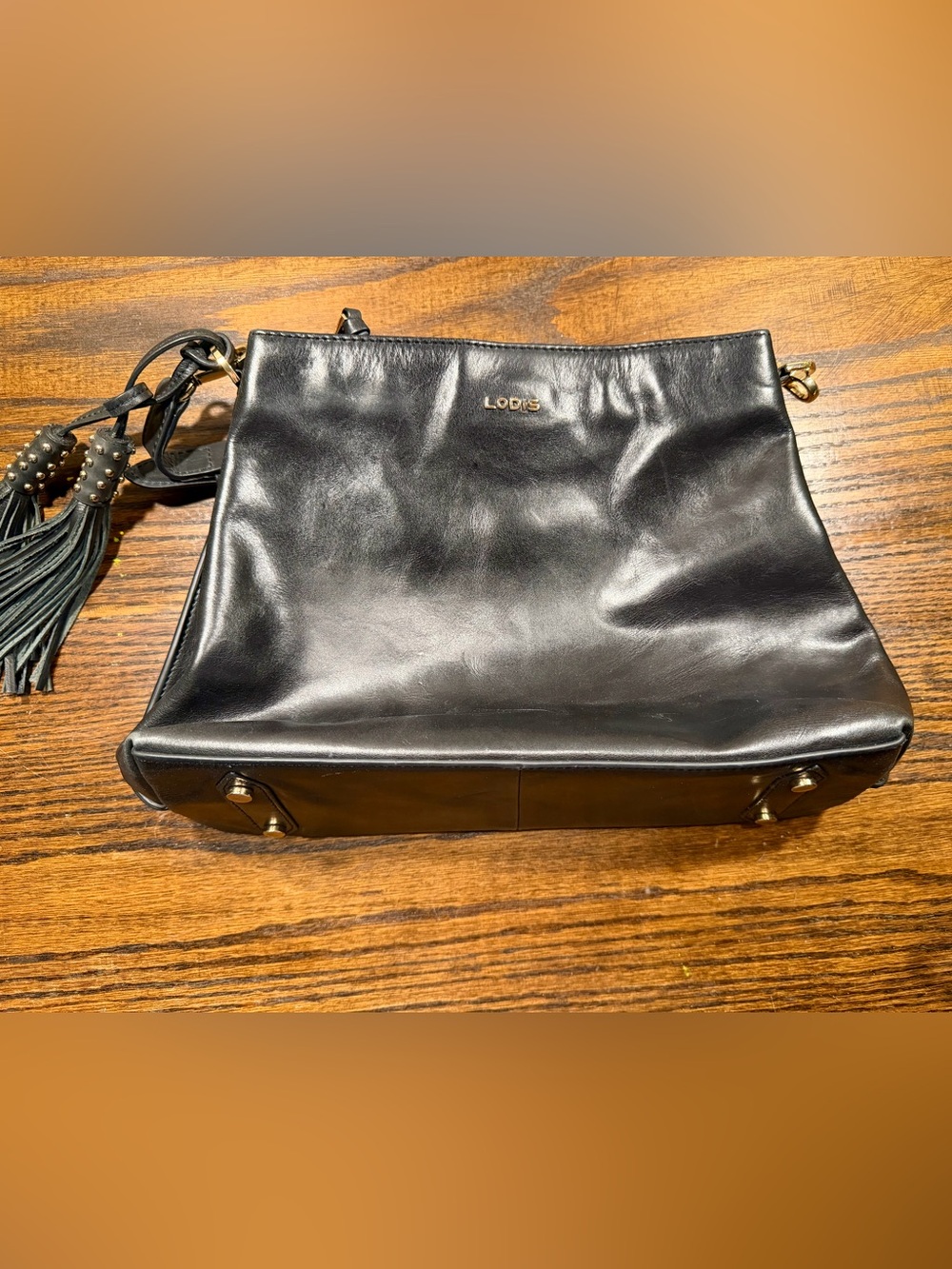 Lodis Black Leather Shoulder Bag with Gold Logo